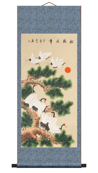 Asian Brush Painting of Cranes Dancing in Pine Trees